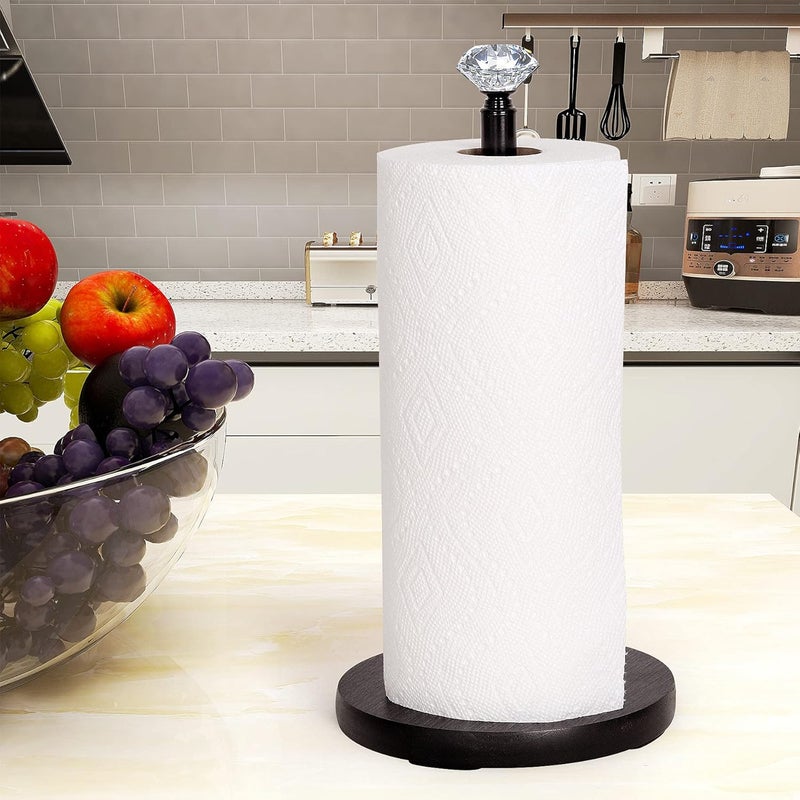OBODING Paper Towel Holder Countertop, , Crystal Paper Towel Stand Holder, Black Solid Wood Weighted Paper Towel Holders for Standard and Large Size Rolls (Black) - Image 3